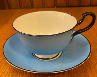 Star Paragon Blue Teacup and Saucer with Black Trim and Handle, Very Old Paragon Cup and Saucer