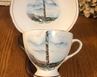Jasper Canada Gladstone China Souvenir Teacup and Saucer with Totem Poll Design