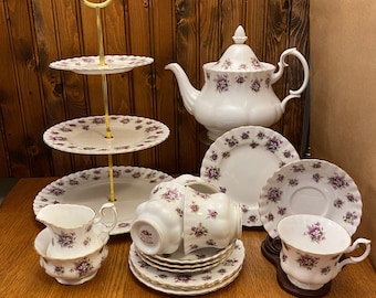 17 Piece Royal Albert Sweet Violets Tea Set, Lavender Floral Dinnerware