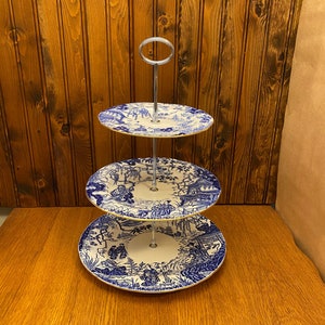 Vintage Royal Crown Derby 3 Tier Cake Stand, Cobalt Blue Mikado