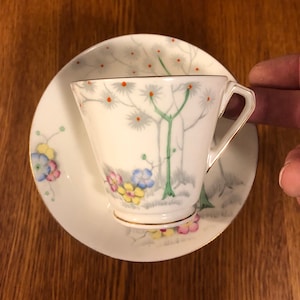 Vintage Victoria C & E Bone China Cup and Saucer: Hand-Painted Floral Tree
