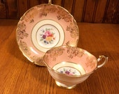 Double Warrant Paragon Bone China A 2106 10 Pink with Gold Scroll Floral Bouquet Cup and Saucer Teacup and Saucer