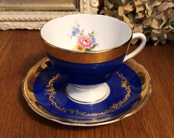 Gladstone China, Cobalt Blue And Gold, with a Pink Bouquet of Roses, Teacup and Saucer