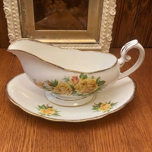 Royal Albert Tea Rose Yellow Oval Gravy Boat with Tray