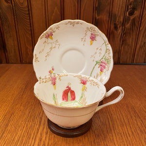Standard China Georgian Styled Lady in Pink, Hand Painted Hanging Wisteria Flowers Teacup and Saucer