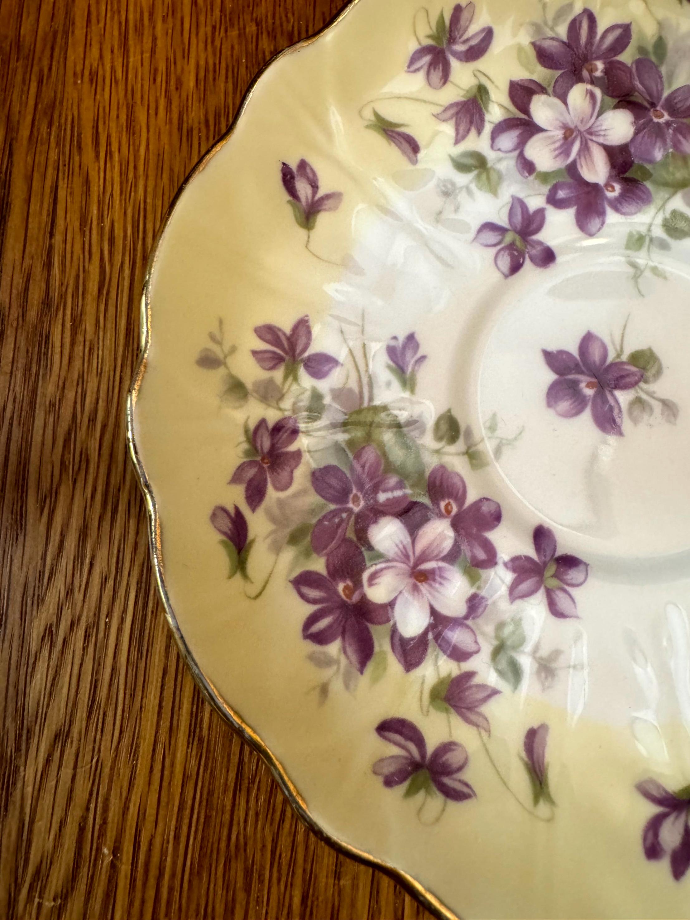 Aynsley Violette Pattern, Crocus Shape Teacup and Saucer, Yellow 