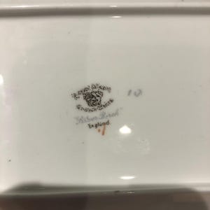 Pu&ograve; includere: Primo piano di un piatto in ceramica bianca con un logo in bianco e nero che recita "Royal Albert, England" e "Silver Birch" con il numero "102" stampato sul piatto.