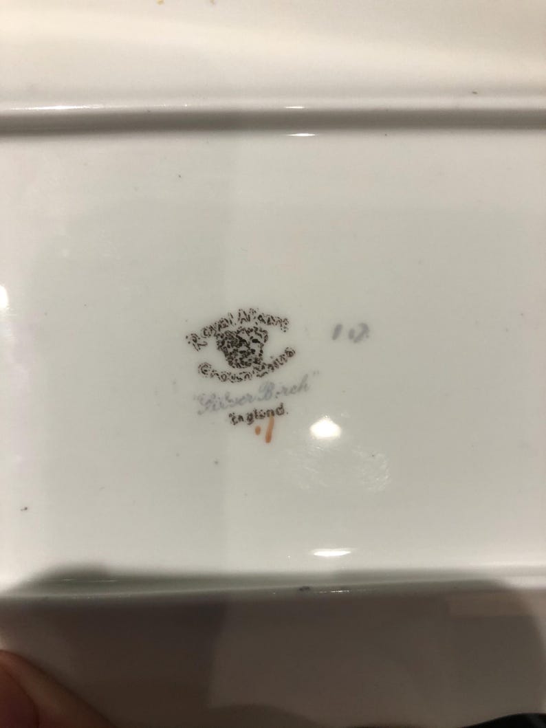 Pu&ograve; includere: Primo piano di un piatto in ceramica bianca con un logo in bianco e nero che recita "Royal Albert, England" e "Silver Birch" con il numero "102" stampato sul piatto.