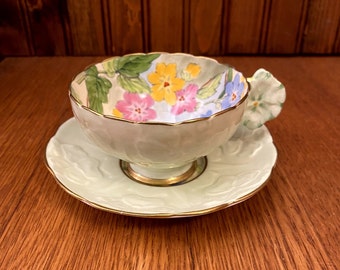 Rare Paragon, Saxifrage Pansy, Handled Floral Teacup and Saucer, Hand Painted, Green Pansy Embossed China