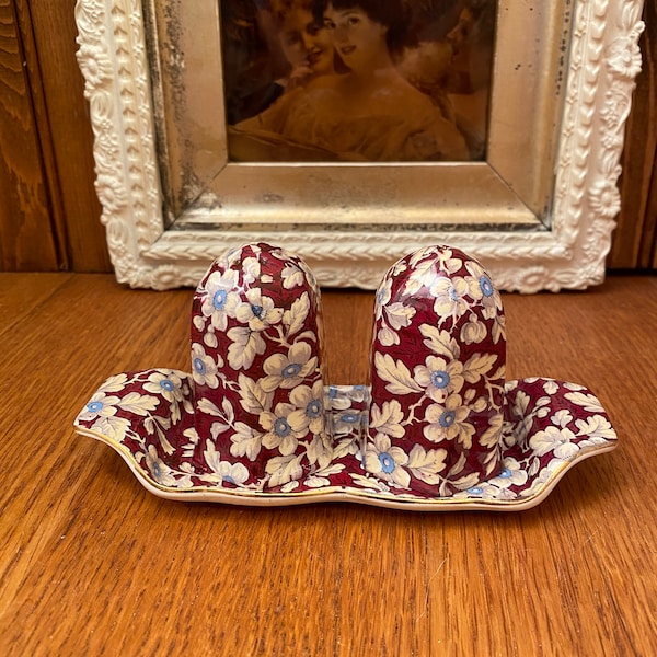 Lord Nelson Ware Chintz Royal Brocade Salt, Pepper and Tray, BCM Nelson Ware Floral Salt and Pepper with Under Plate