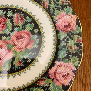 Royal Albert Crown China Needle Point Plates. Choice of Size, Pink Roses on Black Background image 4