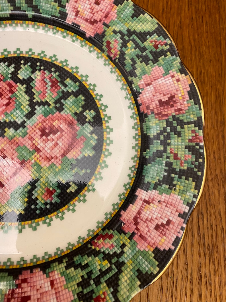 Royal Albert Crown China Needle Point Plates. Choice of Size, Pink Roses on Black Background image 4