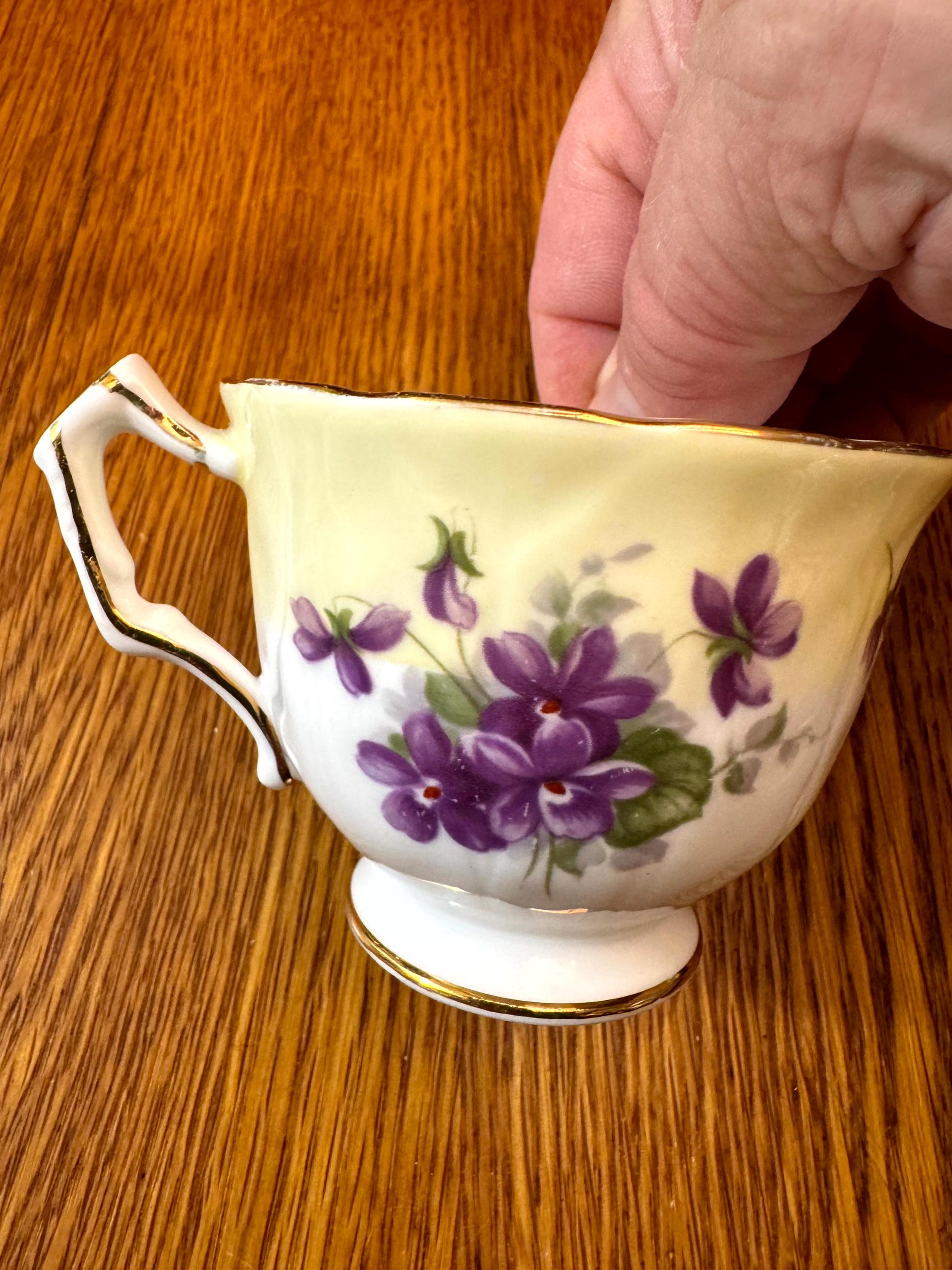 Aynsley Violette Pattern, Crocus Shape Teacup and Saucer, Yellow