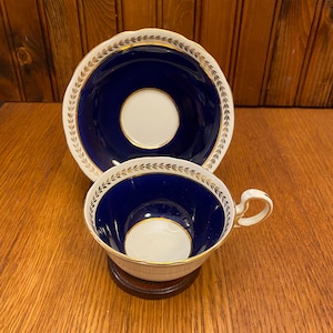 Aynsley Fine Bone China Gold Filigree with Cobalt Blue Band Teacup and Saucer
