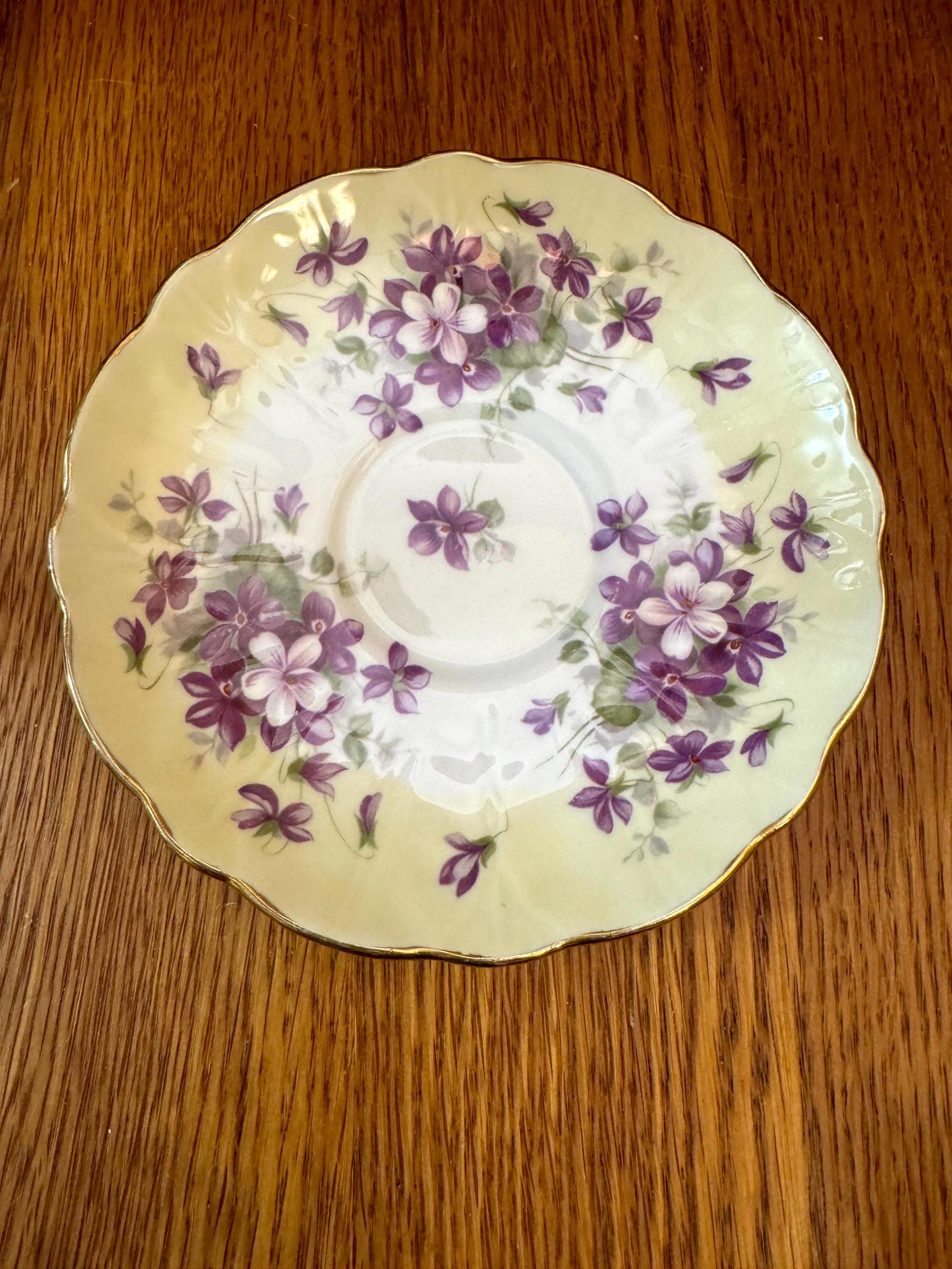 Aynsley Violette Pattern, Crocus Shape Teacup and Saucer, Yellow