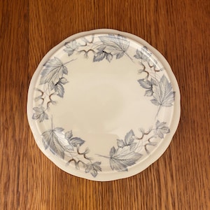 Puede incluir: Un plato de cerámica blanco con un diseño de hojas azules y grises alrededor del borde.