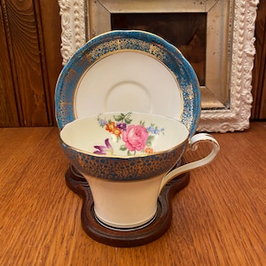 Aynsley Turquoise/Blue Trim with Pink Floral Accents, Corset Shape Bone China Tea Cup & Saucer Made in England 5224