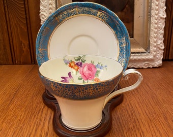 Aynsley Turquoise/Blue Trim with Pink Floral Accents, Corset Shape Bone China Tea Cup & Saucer Made in England 5224