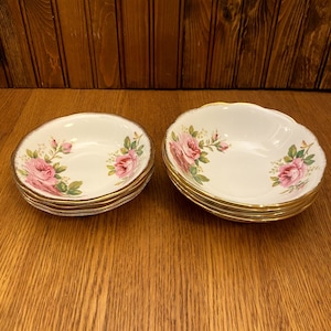 Set of 4, Royal Albert American Beauty, Fruit Nappy Saucer Bowls or Coupe Cereal Bowls, Pink Cabbage Rose China