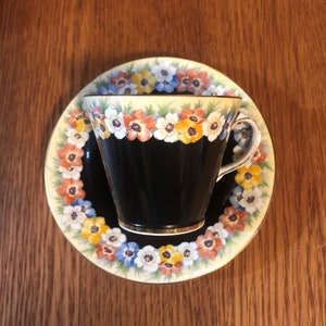 Vintage Aynsley Black China Teacup and Saucer with a Band of Anemone or Wild Flowers
