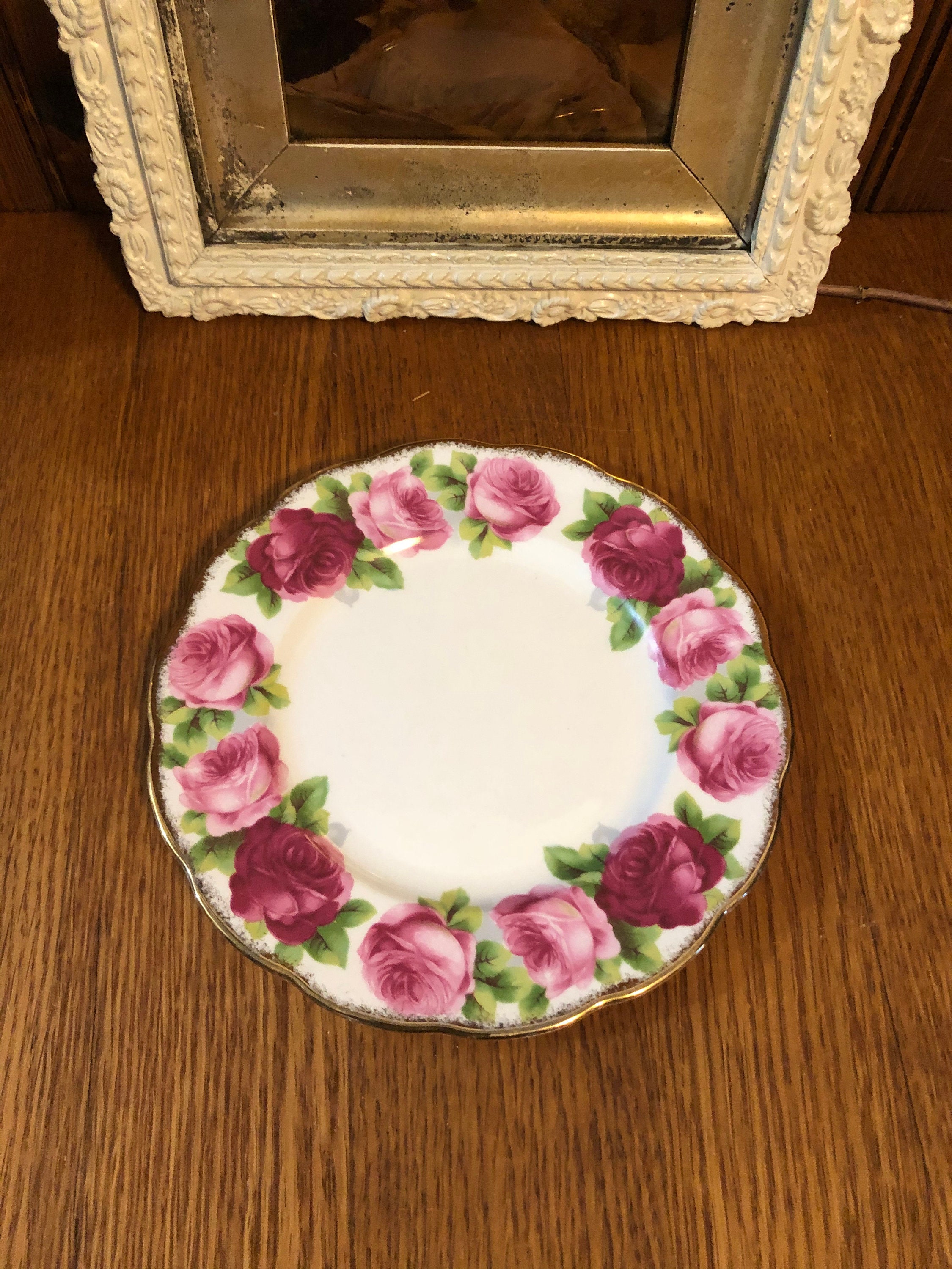 7" Dessert Plate by Royal Albert, Old English Rose Brushed Gold Trim, Pink Floral Round Plate