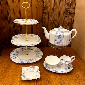 Royal Albert Blue Pansy Panel Chintz Tea Set with the Teapot, Cream and Sugar with Tray, Candy Dish and and 3 Tier Cake Stand