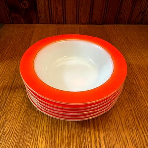 JAJ Pyrex Weardale Deep Coral set of 6 Rimmed Cereal Bowls, Circa 1961