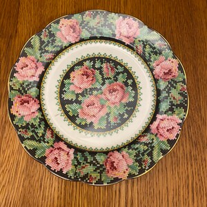Royal Albert Crown China Needle Point Plates. Choice of Size, Pink Roses on Black Background image 3