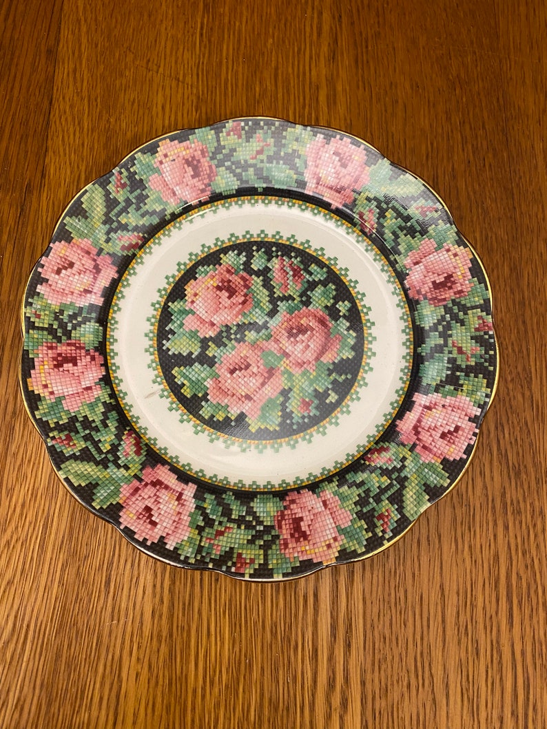 Royal Albert Crown China Needle Point Plates. Choice of Size, Pink Roses on Black Background image 3