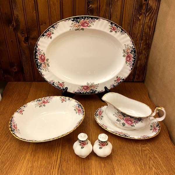 Royal Albert Concerto Completer Pieces, Large Platter, Oval Vegetable Bowl, Gray Boat with Tray, Salt and Pepper set