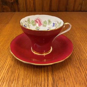 Vintage Aynsley, Corset Shape, Burgundy Teacup and Saucer with Pink Roses and Purple Thistles Inside, C 1149