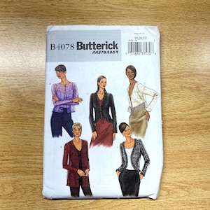 May include: A sewing pattern envelope featuring the text "B4078 Butterick FAST & EASY" and a barcode. The envelope displays four different women's clothing designs, including a long-sleeved blouse, a jacket with a lace-up front, a jacket with a fringe trim, and a jacket with a tweed pattern.