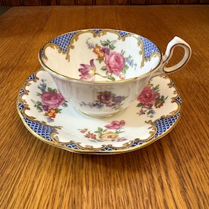 Aynsley Fine Bone China Fine Blue Lattice. Gold Scrolls and Bouquets of Flowers All Around