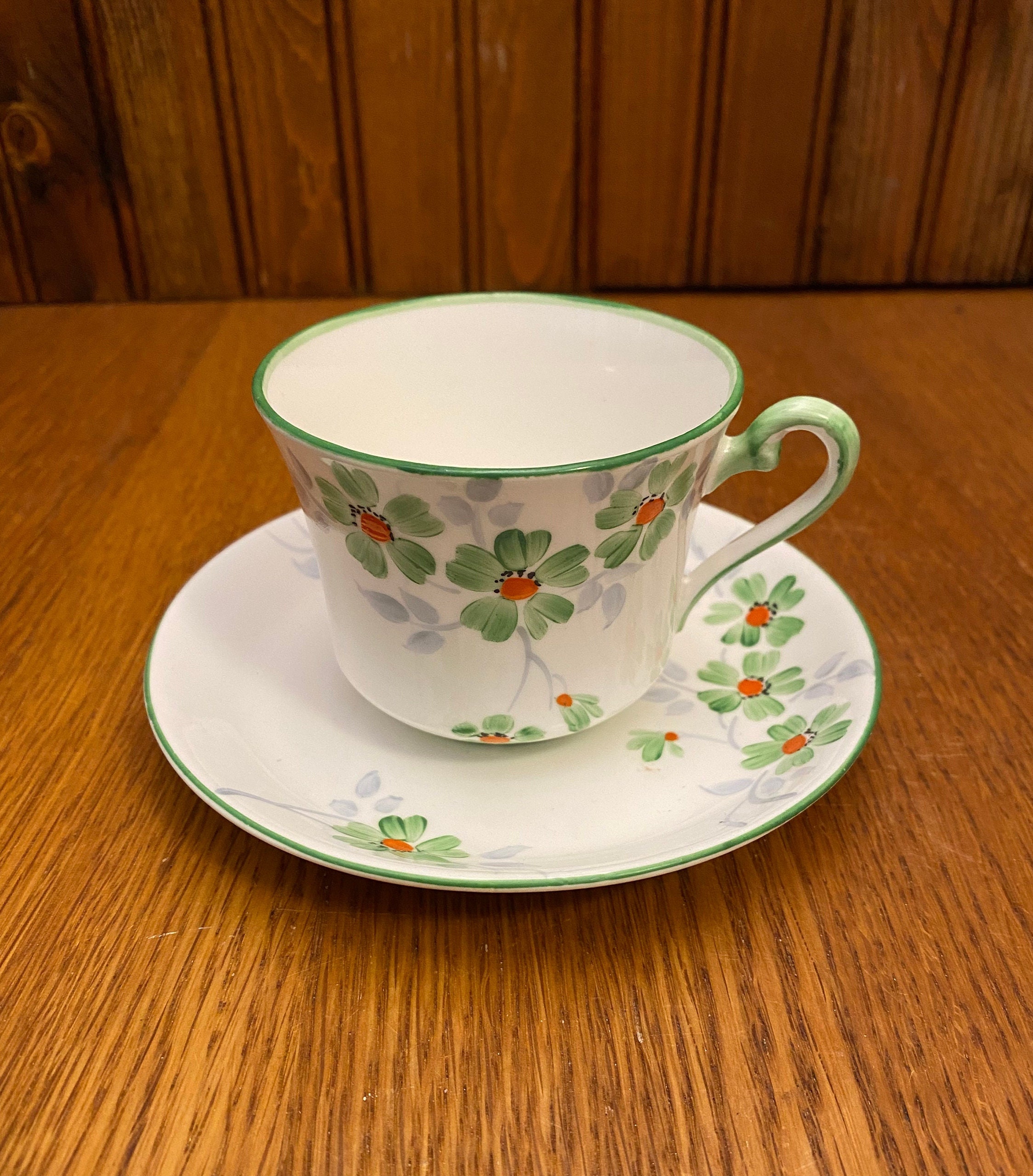 Vintage Phoenix Bone China Teacup and Saucer, Hand Painted Green
