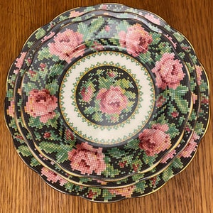 Royal Albert Crown China Needle Point Plates. Choice of Size, Pink Roses on Black Background image 2