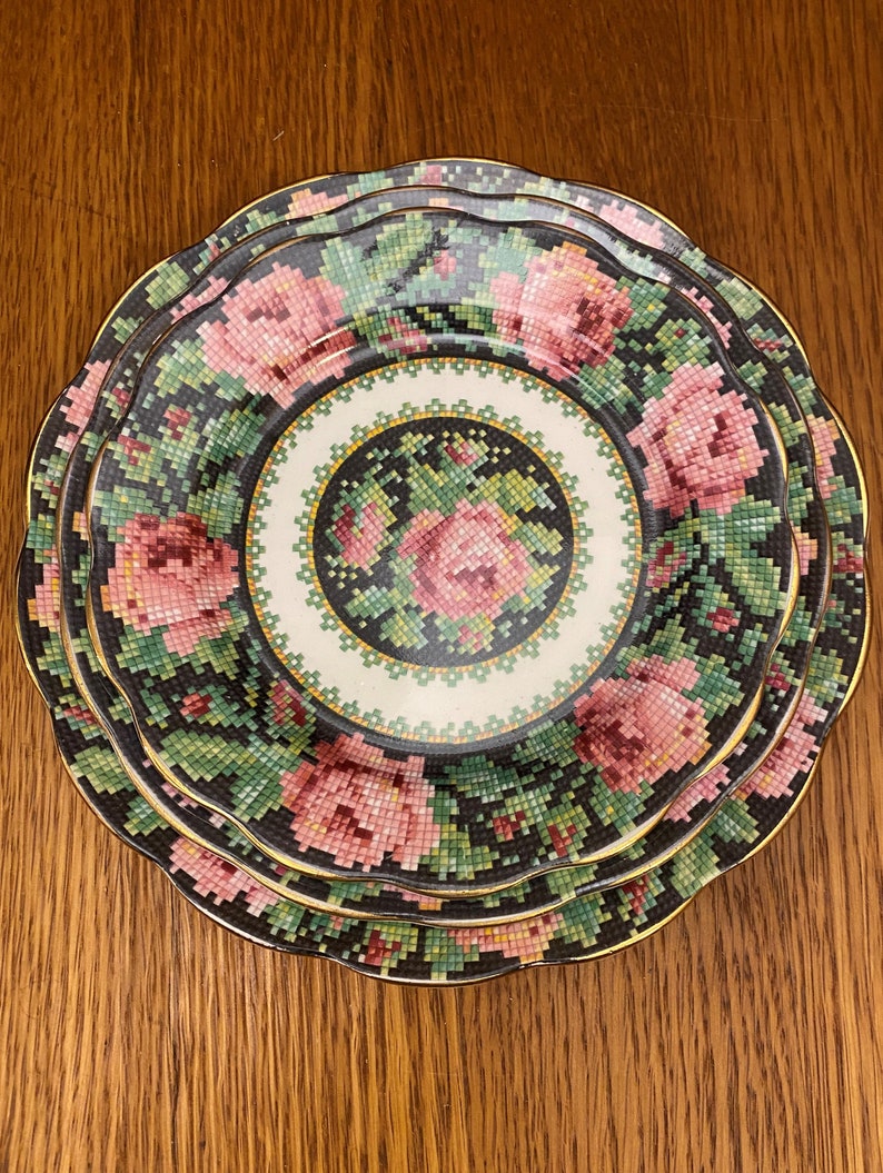 Royal Albert Crown China Needle Point Plates. Choice of Size, Pink Roses on Black Background image 2