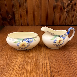 Royal Grafton Bone China Hand Painted Yellow and Blue Flowers with Leaves Creamer and Open Sugar Bowl