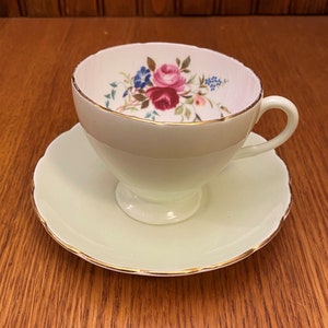 E B Foley 1850 Bone China, Mint Green Teacup and Saucer with Pink and Burgundy Cabbage Roses