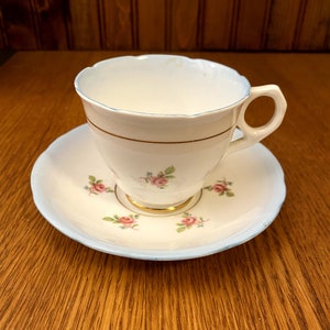 Royal Stafford Powder Blue Teacup and Saucer with Pink Roses, Footed Cup and Saucer