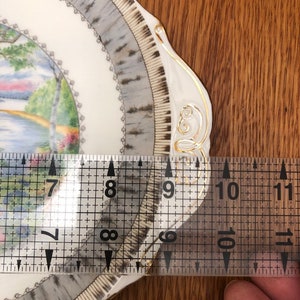 Pu&ograve; includere: Un piatto in ceramica bianca con un bordo grigio e dorato. Il piatto presenta una scena dipinta di un lago e alberi. Il piatto misura circa 20 cm di diametro.