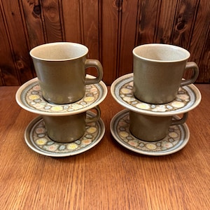 Franciscan Pottery, Reflections Pattern, Set of 4 Teacup and Saucers, Pattern Number 5021