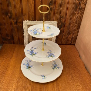 Royal Albert Forget Me Not 3 Tier Cake Plate, Dessert Tray, Handled Cake Plate