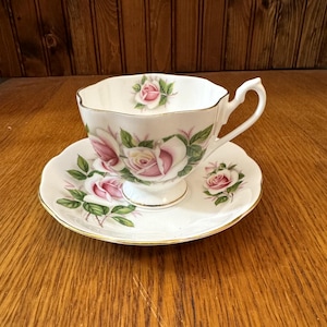 Queen Anne Fine Bone China Madam Butterfly Teacup and Saucer with Large Pink  Roses
