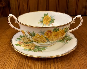 Royal Albert Tea Rose Yellow Cream Soup Bowl with Small Round Plate