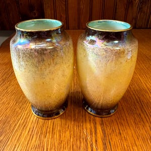 Set of 2, ROYAL Winton Small Ginger Shape Vases, Yellow and Brown Iridescent Finish