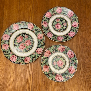 Royal Albert Crown China Needle Point Plates. Choice of Size, Pink Roses on Black Background