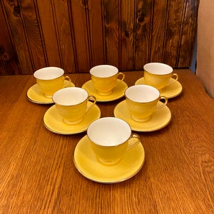 Set of 6 Royal Winton Rosebud Yellow Demitasse Teacup and Saucers, Footed Pastel Ware Yellow Cups