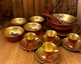 16点セット 日本製漆器 赤と金の手描きセット - Etsy 日本