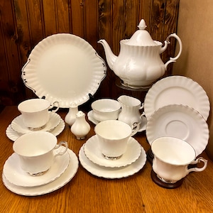 20 Piece Royal Albert Chantilly Tea Set With Large Teapot, Silver Trim Dinnerware