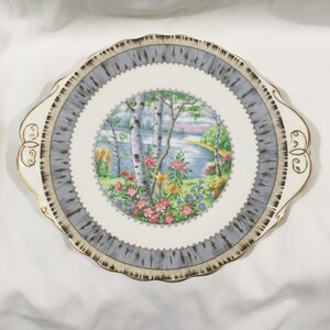 Pu&ograve; includere: Un piatto da torta in ceramica bianca con un bordo grigio e dorato. Il centro del piatto presenta una scena colorata di un lago con alberi e fiori.